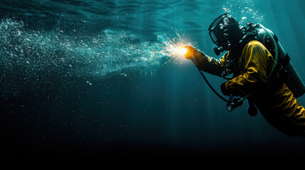 Poster - Diver welding underwater on steel frame, creating sparks in dark environment. scene captures intensity and focus of underwater work, showcasing divers skill and equipment