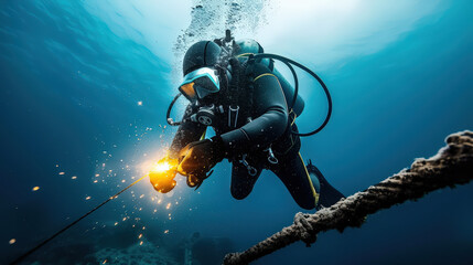 Poster - Diver welding underwater on steel pipeline, creating sparks in deep blue ocean. scene captures intensity and skill involved in underwater welding