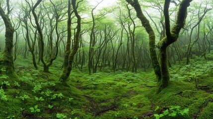 Wall Mural - lush green forest with moss growing on the trees. the forest is full of life and he is a peaceful an