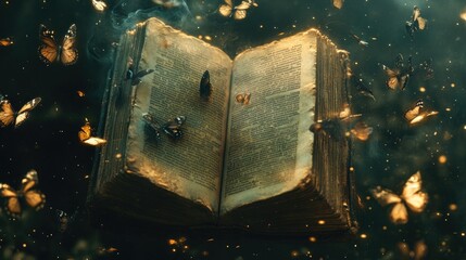 An ancient leather-bound book surrounded by ethereal butterflies and swirling particles, glowing softly, creating a magical ambiance filled with arcane knowledge