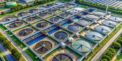 Wall Mural - Bird's eye view of a large water treatment plant with rows of tanks and pipes, water treatment