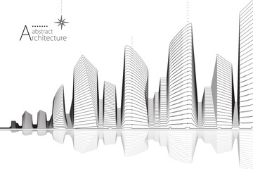 Aufkleber - 3D illustration, abstract modern urban landscape line drawing, imaginative architecture building construction perspective design.