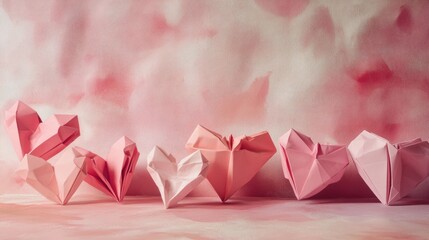 Canvas Print - An elegant arrangement of origami hearts in varying shades of pink, placed on a textured blush backdrop, with soft shadows enhancing the romantic ambiance of the composition