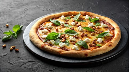 Wall Mural - A single serving of pizza with a crispy crust topped with gooey cheese, fresh basil, and roasted nuts, presented on a black slate plate.