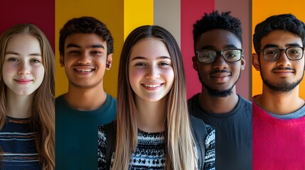 Portrait of a diverse group of smiling students,friends,and young adults from different ethnic and cultural backgrounds posing together happily at a school,college,or university campus.