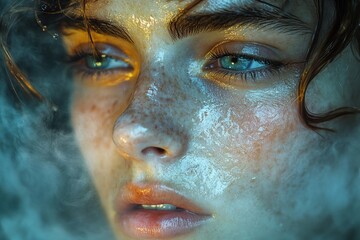 Wall Mural - Close-up portrait of a young woman with wet hair and freckles, looking at the camera with a serious expression, illuminated by warm light.