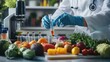 © Luxetify - Scientist in a lab coat using a syringe to add liquid to a test tube in front of fresh produce.