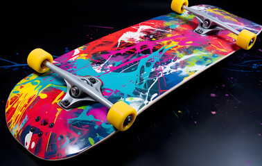 Sports equipment splashed with multi-colored paint creates a lively sports image.