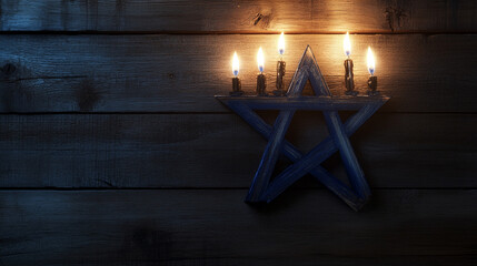 Wall Mural - Celebrating Hanukkah with a menorah lit in a cozy setting on a winter evening