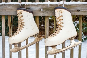 Ice Skates Hanging on Rustic Fence