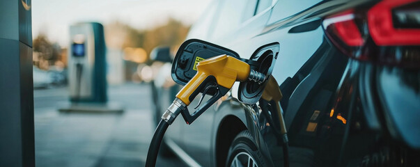 A car is being filled with gas at a gas station. The car is black and the gas pump is yellow