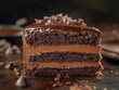 © Phoenix AI Photo - Delicious chocolate cake slice on dark background with chocolate icing and sprinkles.