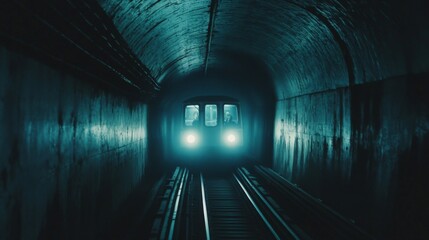 Fototapete - Train Approaching in Dark Underground Tunnel
