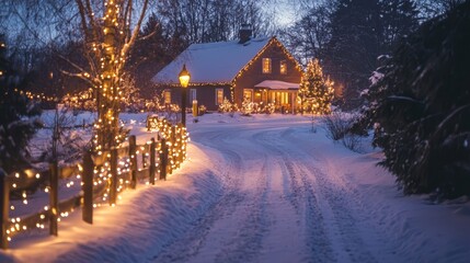 Wall Mural - Magical winter pathway, illuminated path leading to a cozy home in the snow