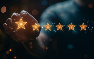 Business person or customer using index finger to point, touch and select a star icon on a virtual screen giving a five star rating for review, service of customer feedback concept. Generative AI