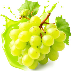 Wall Mural - green grapes fruit with juice splash isolated on white background