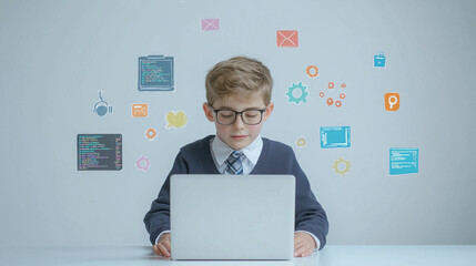 Young CEO: A bright, focused young boy in a suit works intently on his laptop, surrounded by colorful digital icons symbolizing the modern business world.