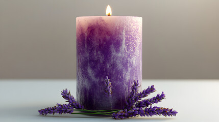 un fondo con una vela decorativa color morado con ramas de lavanda estilo romantico vela aromatica para adorno vela encendida