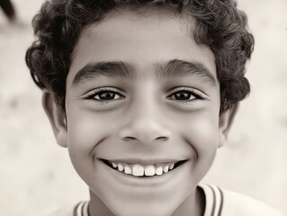 A black and white photo of a young boy smiling at the camera