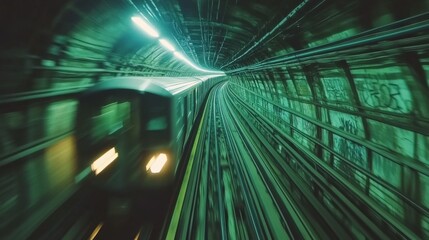 Fototapete - Motion Blur of Train in Underground Tunnel