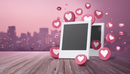 Two empty photo frames surrounded by pink hearts, set against a blurred city skyline with a soft pink hue.