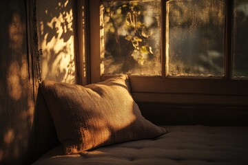 Cozy cushion on sofa bathed in warm natural sunlight indoors