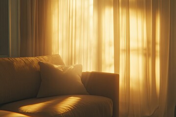 Cozy cushion on sofa bathed in warm natural sunlight indoors