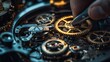 © Solo - A craftsman meticulously assembling intricate clock gears in a workshop during the late afternoon light