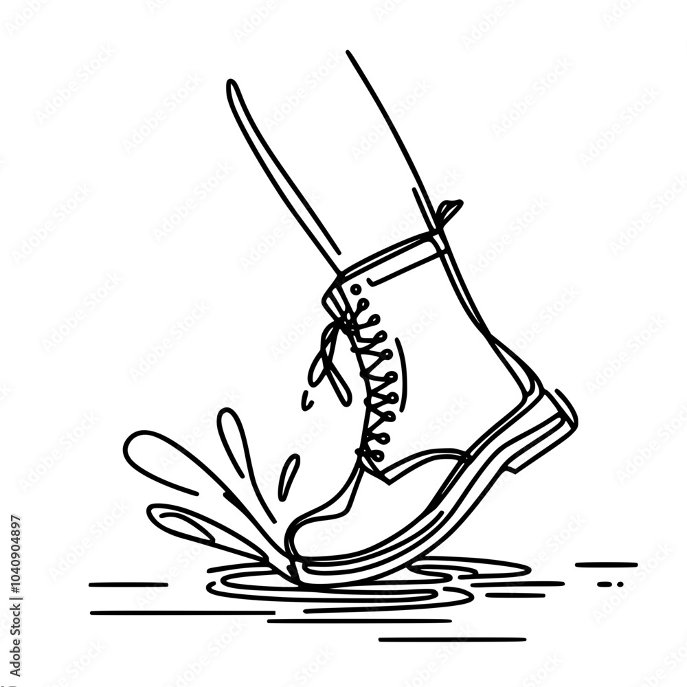 minimalistic contour vector drawing of a shoe stepping into a puddle ...