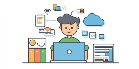 Fototapete - A man working on a laptop with a cloud computing diagram in hand, representing digital data storage, internet services, and networking technology.