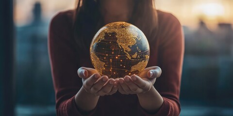 Poster - A woman holding a virtual globe of the internet connection, symbolizing global business applications, digital marketing, and emerging technologies in finance and big data