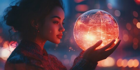 Poster - A woman holding a virtual globe of the internet connection, symbolizing global business applications, digital marketing, and emerging technologies in finance and big data