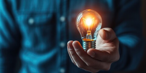Fototapete - A man holding an illuminated light bulb, representing a new idea and inspiration for sustainable business innovation and development.