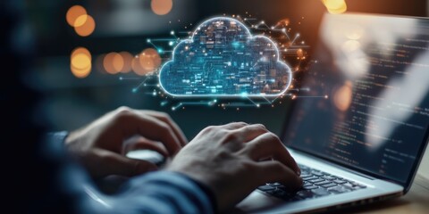 Fototapete - A man working on a laptop with a cloud computing diagram floating above his hand, representing cloud technology, data storage, and online services.
