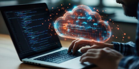 Poster - A man using a laptop with a cloud computing diagram in his hand, representing data storage, networking, and cloud-based internet services.