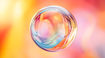 A close-up of a transparent bubble suspended in mid-air, reflecting vibrant rainbow colors under soft natural light, perfect for a dreamy poster background, space for text