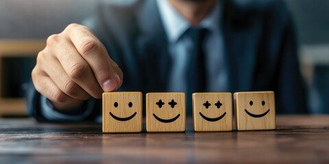 Aufkleber - Top-notch business services and customer experience rating. A businessman selects a smiley face on a wooden block cube, representing 5-star satisfaction in service.