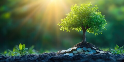 Poster - Renewable energy and financial growth concept. A tree grows from coins, symbolizing investments in green energy and sustainable finance.