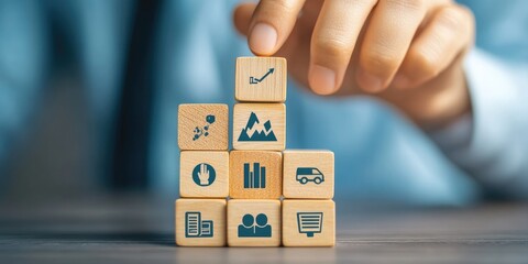 Business strategy concept. A hand stacking wooden blocks with icons related to goals, action plans, and business development strategies.