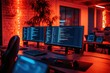 © Luxetify - Two computer monitors with code on screen in a dimly lit office space.