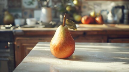 Wall Mural - Pears and apples on kitchen counter. One pear is carved to resemble a face,