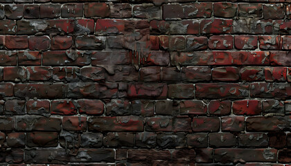 Close-up of a textured, weathered brick wall featuring dark red and black hues, conveying an industrial and gritty aesthetic.