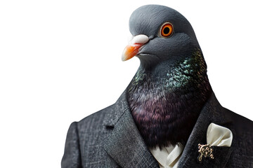 A pigeon wearing a suit, isolate on white background, blending formality and whimsy. PNG