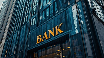 Wall Mural - bank entrance sign reflecting city skyline on modern glass building facade