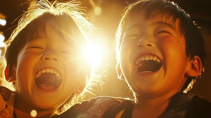 A vibrant image of two children joyfully laughing together, illuminated by warm sunlight, capturing the essence of happiness and innocence.