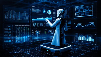 A futuristic robot interacting with data displays in a high-tech environment.