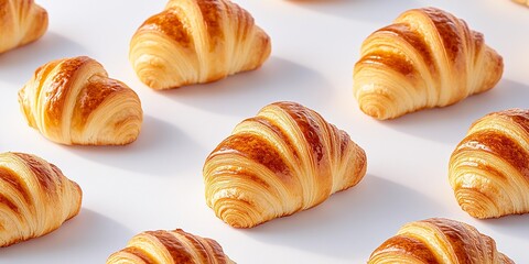 Freshly baked, golden croissants arranged on a white background, perfect for bakery themes.