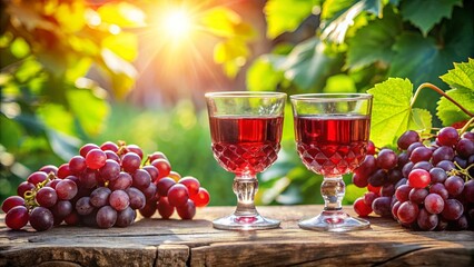 Canvas Print - A Rustic Tabletop with Two Glasses of Red Wine and Bunches of Grapes, bathed in Warm Sunlight, the Fruit Glowing with Freshness.