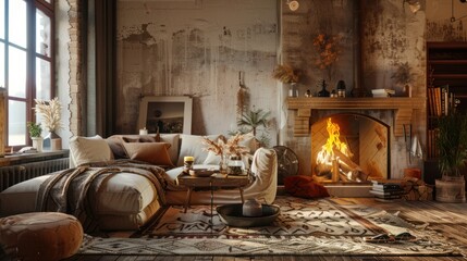 Cozy boho style living room interior, AI generated image