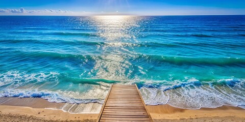 Poster - A wooden pier extends into the turquoise water, where gentle waves lap the sandy shore under a bright blue sky.